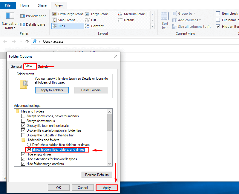 Select the Show hidden files, folders, and drives option